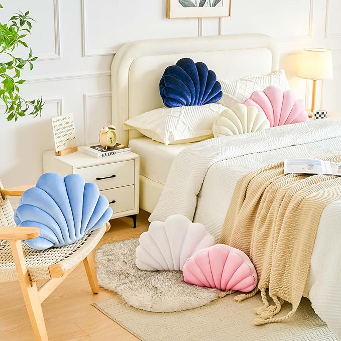 Dusty Blue Seashell Throw Pillows, Shell Shaped Throw Pillows, 13 Inch Soft Velvet Home Decorative Pillow Plush Cushion for Bed Couch Living Sofa Room Decor Accent Throw Pillow