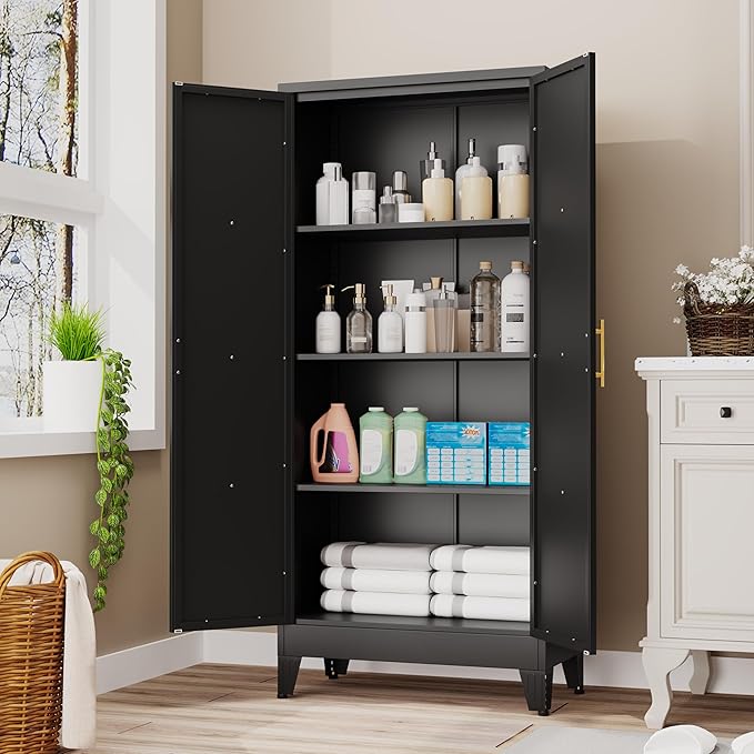 61" H Metal Kitchen Pantry Storage Cabinet, Freestanding Cupboard with 2 Doors and 3 Adjustable Shelves, Standing Storage for Kitchen, Bathroom, Garage, Dinning Room or Utility Room（Black）