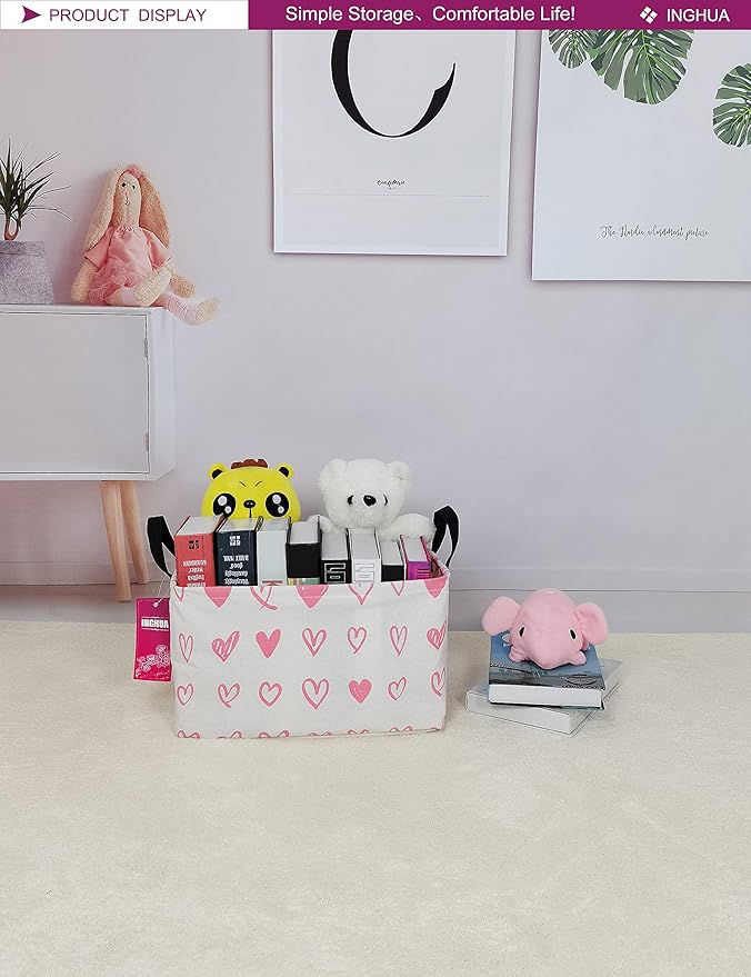 Rectangular Storage Basket Fabric Organizer Bin for Toys,Books,Clothes,Gifts,Pets-Perfect for Home,Office,Nursery,Dorm,Shelf(Rec-Pink hearts )