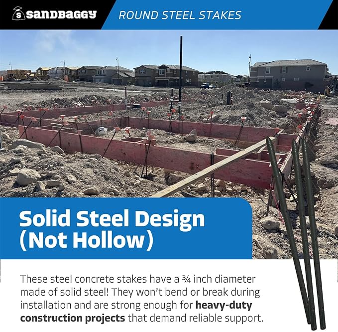 Sandbaggy Round Steel Concrete Form Stakes with Nail Holes - Rust Resistant Coating - Removable, Reusable (20, 3/4 in X 24 in)