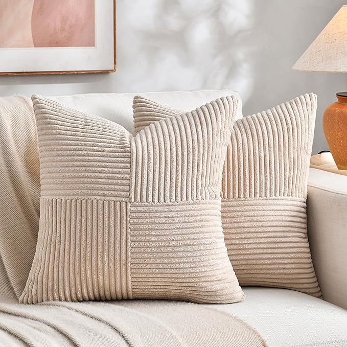 Fancy Homi 2 Packs Tan Decorative Throw Pillow Covers 16x16 Inch for Living Room Couch Bed Sofa, Farmhouse Boho Home Decor, Soft Corss Patchwork Corduroy Textured Square Beige Cushion Case 40x40 cm