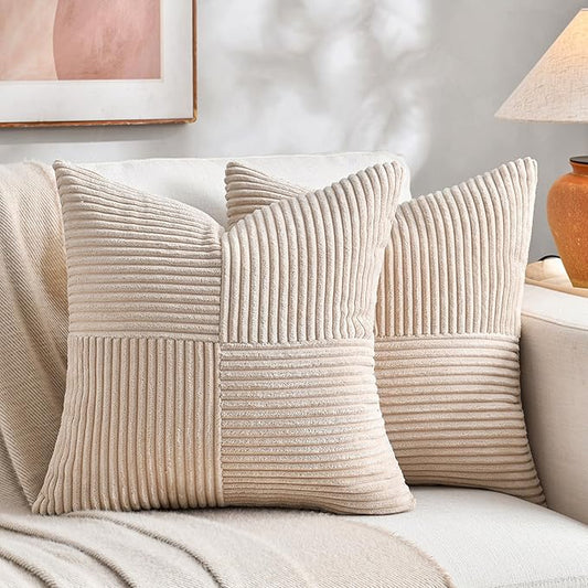 Fancy Homi 2 Packs Tan Decorative Throw Pillow Covers 22x22 Inch for Living Room Couch Bed Sofa, Rustic Farmhouse Boho Home Decor, Soft Corss Corduroy Patchwork Accent Beige Cushion Case 55x55 cm