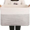 OIAHOMY 65L Blanket Basket, Cotton Rope Woven Blanket storage for Living Room, Rectangle Woven Baskets for Storage, 20''×16''×12'', Black and White