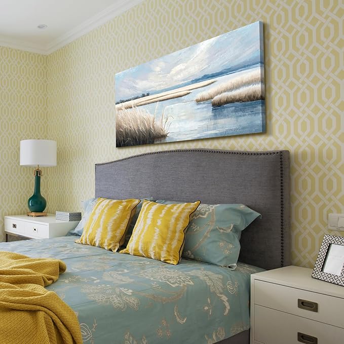 amatop Extra Large Coastal Marsh Landscape Wall Art – Neutral Blue Beige Wetland Canvas Print for Bedroom Living Room Office – Serene Nature Wall Decor,Oversized Ocean Artwork for Home Decoration