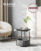 VASAGLE Side Table with Charging Station, Round End Table with Fabric Basket, Nightstand with Power Outlets, USB Ports, for Living Room, Bedroom, Modern, Ebony Black and Slate Gray ULET228B01