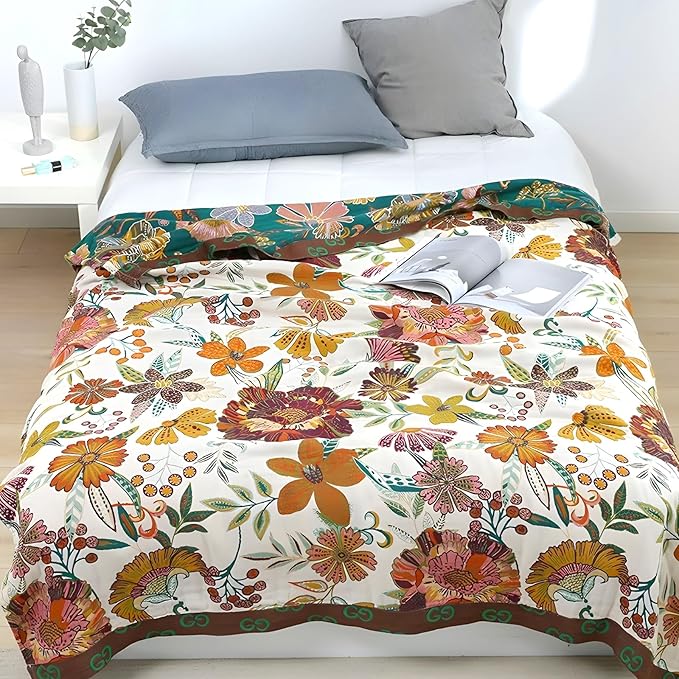 Boho Throw Blanket for Bed - 100% Pure Cotton Ultra Soft Rustic Quilt - Farmhouse Decor Bed Blankets, All Season Rustic Throw for Sofa Couch Chair(60"×80", Floral Blossom)