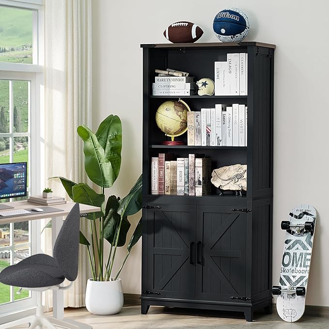 70in Tall Bookshelf 5 Tier Bookcase with Barn Doors and Adjustable Shelves, Black Farmhouse Book Shelf with Storage Cabinet, Wood Freestanding Display Bookshelves for Bedroom, Kitchen (3PCS)