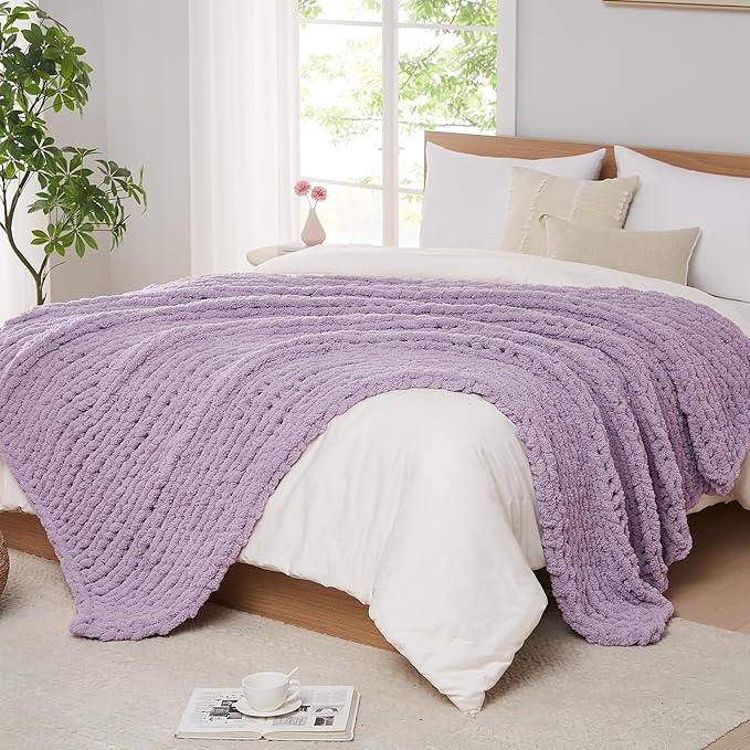 L Agusty Chunky Knit Blanket Throw: 72''x84'' Chenille Thick Knitted Throw Blanket for Bed, Couch - Handmade Large Purple Chunky Rope Blanket for Home Decor