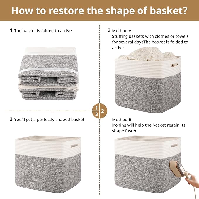 OIAHOMY 13 Kallax Inch Cube Storage Bins, 3-Pack Cotton Rope Woven Baskets for Organizing, Kallax Insert Storage Baskets for Shelves, Baby Nursery, Closet Organizer, 15*13*12.6IN, Grey & White