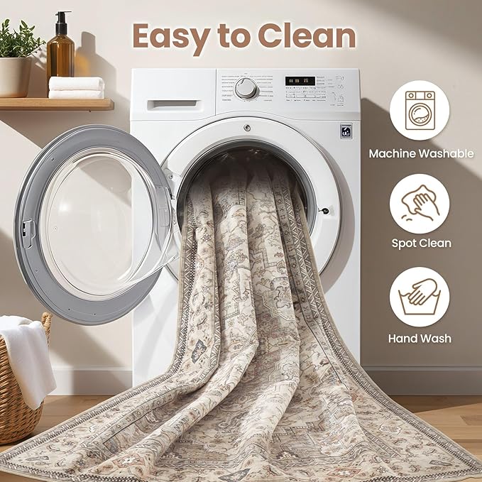 Washable Area Rugs for Living Room -10x12 Neutral Vintage Distressed Floral Farmhouse Boho Large Soft Floor Rug Indoor Non Slip Carpet for Living Room Bedroom Dining Room Office-Brown/Multi