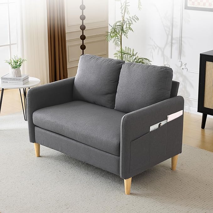 VINGLI 47" Small Couch, Dark Grey Linen Loveseat Sofa Mini Couch Mid Century Modern Decor Love Seat for Small Spaces Living Room, Bedroom, Play Room