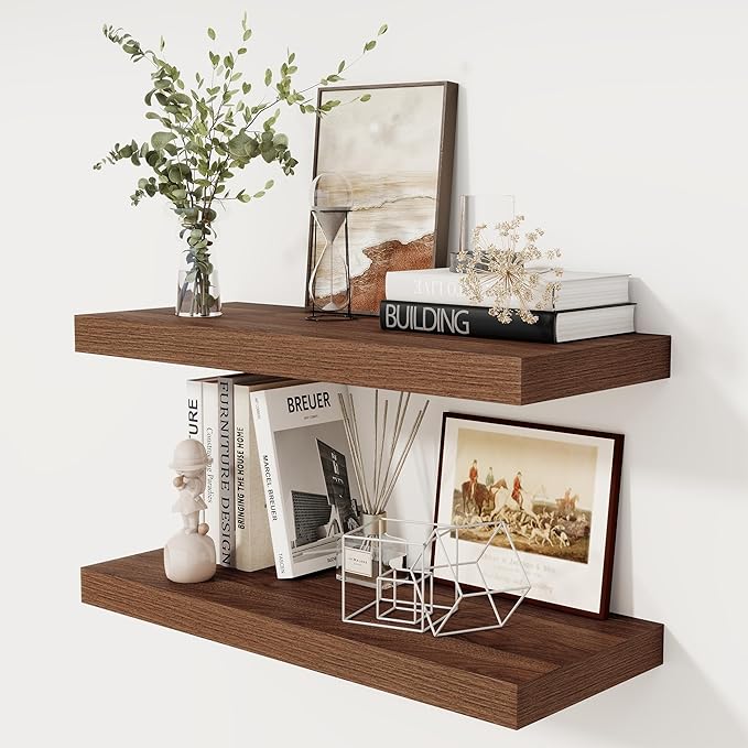 Fun Memories 30 Inch Floating Shelves, 12 Inch Deep Floating Shelf for Wall, Rustic Deep Shelves for Books, Bathroom, Living Room, Kitchen, 30 x 12 x 2 Wood Floating Shelves, Walnut Color, Set of 2