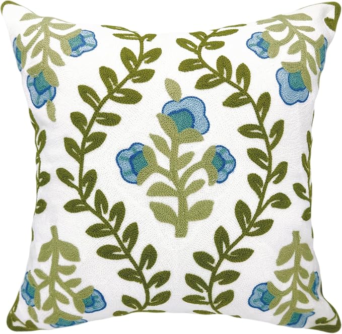 Alysheer Floral Embroidered Summer Decorative Throw Pillow Cover 18"x 18", Farmhouse Cottage Blue Flowers Green Leaves Knit Pattern Cotton Canvas Cushion Case for Sofa Couch Bed Living Room Decor
