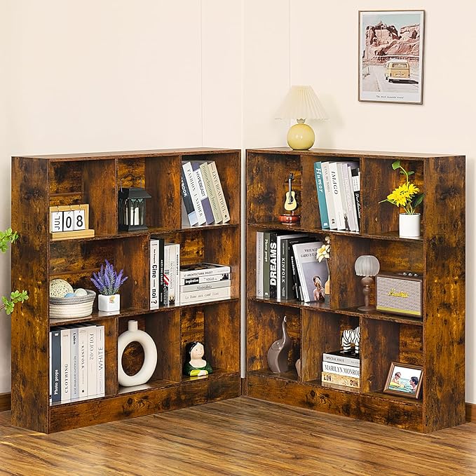 LEYAOYAO 8 Cube Bookshelf with Wood Base, Brown 3 Tier Mid-Century Modern Bookcase,Standing Wide Bookshelves Storage Organizer Shelf,Rustic Display Cabinet Book Shelves for Bedroom,Living Room,Office