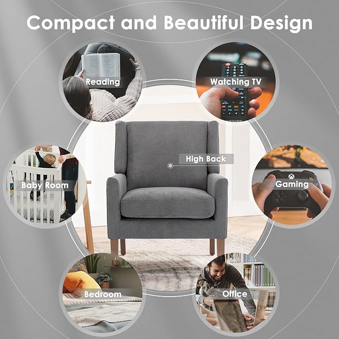 COLAMY Modern Wingback Living Room Chair, Upholstered Fabric Accent Armchair, Single Sofa Chair with Lounge Seat and Wood Legs for Bedroom/Office/Reading Spaces, Gery