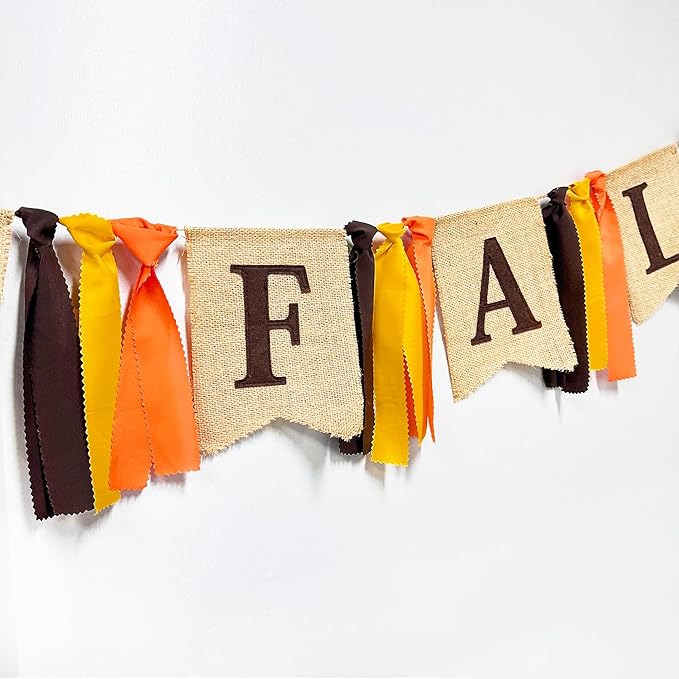 Happy Fall Pumpkin Burlap Pennant Banner Flag Felt Happy Fall Sign and Pumpkin Pattern with Fall Color Ribbon for Fall Autumn Harvest Thanksgiving Day Birthday Baby Shower Party Decorations Supplies