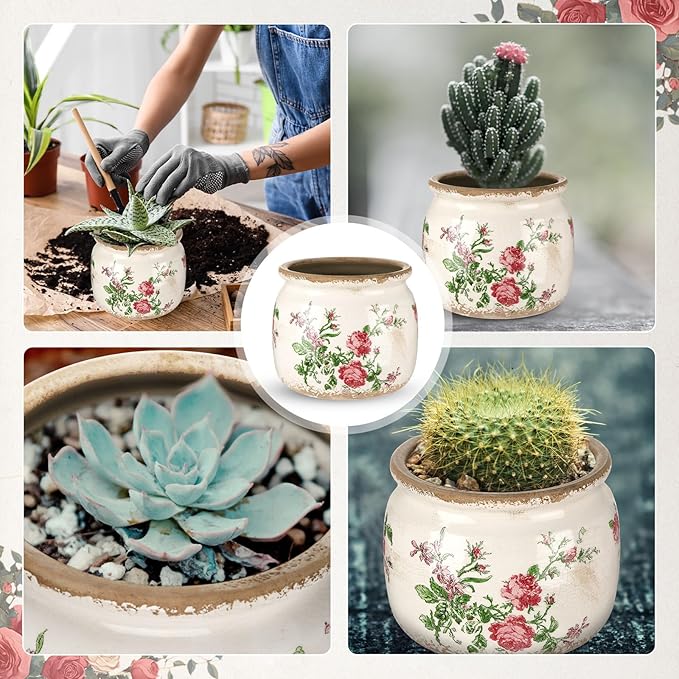 Vintage Planter Large Ceramic Plants Pot Beige Pink French Rose Ice Crack Cottage Scroll Vase Flower Vase Pot Indoor Plants Home Kitchen Decor Farmhouse Antique Decorative Gifts