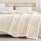 Chunky Knit Throw Blanket, 30''*40'' Knitted Throw Chenille Yarn for Bed Couch, Handmade Cream Crochet Big Thick Blanket, Machine Washable Cute Comfy Blanket for Home Decor