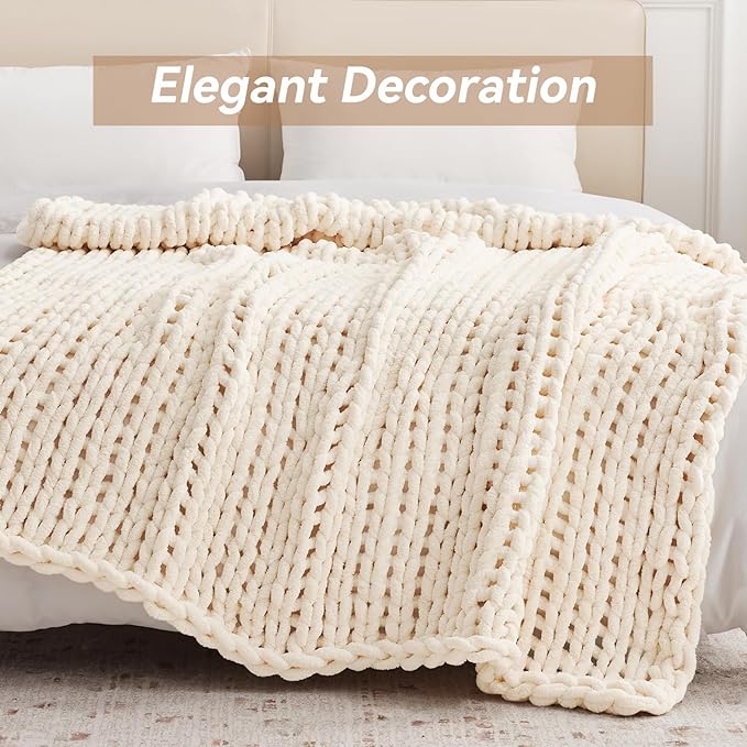Chunky Knit Throw Blanket, 80''*90'' Knitted Throw Chenille Yarn for Bed Couch, Handmade Cream Crochet Big Thick Blanket, Machine Washable Cute Comfy Blanket for Home Decor