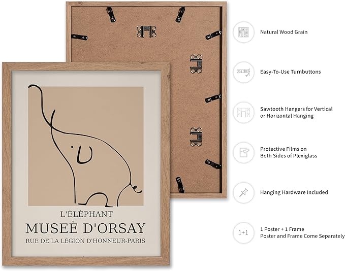 Poster Master Vintage Poster - Retro Minimalist Print - Gift for Artist, Housewarming - Elephant, Line Drawing, Sketch, Abstract - Wall Decor for Living Room, Bedroom, 11x14 Beige Framed