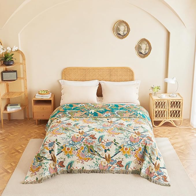 MSGKV Boho Throw Blanket for Couch Bed Chair 100% Cotton Muslin Breathable Vine Embroidery Blanket 50"x60" Sofa Blankets for All Seasons Lightweight Farmhouse Blankets Boho Home Decor