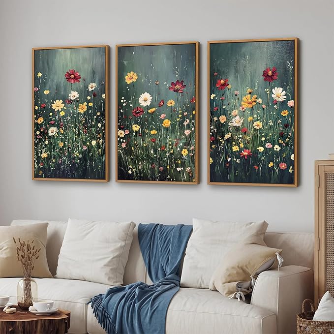 SIGNINART Vintage Floral Framed Canvas Wall Art, Dark Moody Wildflowers Wall Decor, Boho Abstract Flowers Artwork, Colorful Botanical Aestheticrt Art Paintings for Bedroom Living Room Office 16"x24"x3