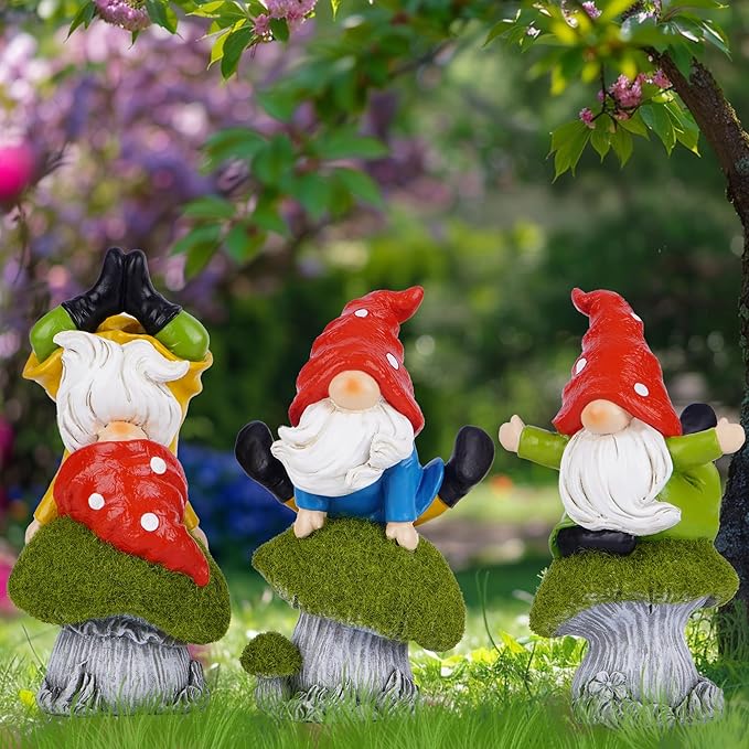 Hodao 3 PCS Spring Yoga Mushroom Gnomes Decoration Summer Elf Figurines Gifts for Home Spring Lively Garden Statues Decor for Outdoor, Mom, Mother (Green)