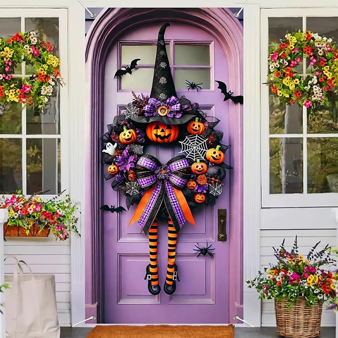 Halloween Witch Wreath Door Cover 71x35 Inch Holiday Front Porch Door Banners Decoration Purple Pumpkin Spider Web Bat Background Hanging Banner for Indoor Outdoor Spooky Party Decor