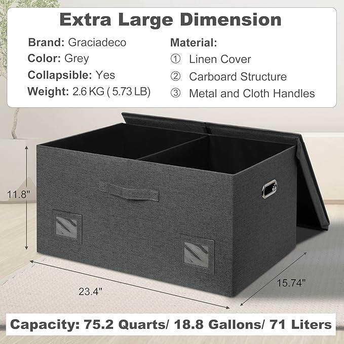 75 Quarts Extra Large Decorative Storage Bins with Lids, 3 Packs Dark Gray Collapsible Storage Bins with Lids, Stackable Storage Bins Decorative Box Storage With Lid Extra Large
