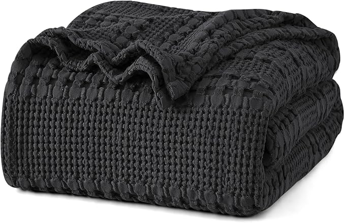 PHF 100% Cotton Waffle Weave Blanket Twin Size, Soft Lightweight Breathable Cozy Summer Blankets for Bed, Luxury Aesthetic Woven Bedding for Home Decor, 66"x90", Black