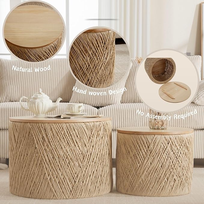 Nesting Coffee Table Set of 2, Natural Round Wooden Coffee Tables Rustic Woven Circle Side/Sofa Table for Small Space Living Room Bedroom Apartment No Assembly Required