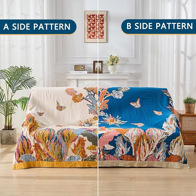 Boho Throw Blanket for Bed, Sofa,Cozy Warm Lightweight Fall Throw Blankets,100% Woven Cotton Southwestern Farmhouse Floral Decor Reversible Blanket, Chair, Picnic Blanket, 50"x60"