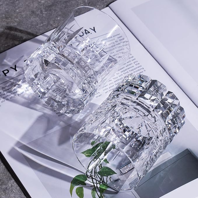 KAMMAK Crystal Whiskey Glasses Set of 2, Luxury 7.78oz Old Fashioned Glasses Stemless, Hand Blown Cocktail Glasses, Handcrafted Engraved Scotch Cup for Women, Men Gift for Bourbon Barware