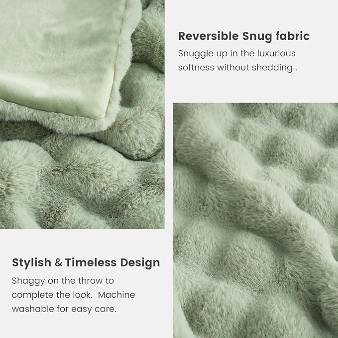 Cozy Bliss Faux Fur Throw Blanket for Couch, Fuzzy Soft Plush Thick Bubble Blanket for Sofa Bedroom Living Room, 108 * 90 Inches Sage Green