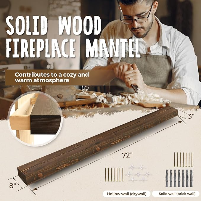 72x8x3 Fireplace Mantel - Handcrafted Hollow Rustic Solid Wood Wall Mounted Floating Shelf with Invisible Heavy Duty Wood Bracket (Weathered Brown)