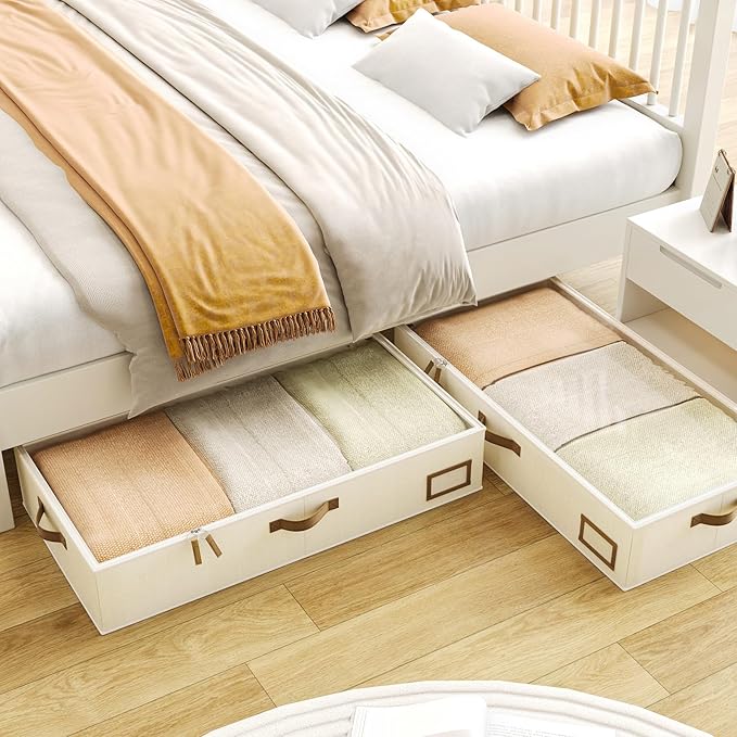 Under Bed Storage Containers, 2-Pack Underbed Storage Box, Collapsible Clothes Storage Bins with Handles and Lid, Large Under Bed Organizers for Shoe, Blanket, Toy, Pillow, Sheet, Beige