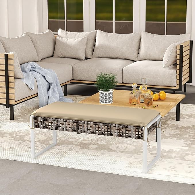 Tangkulka Outdoor Ottoman, Patio Rattan Heavy Duty Wicker Footrest with Soft Cushion & Metal Frame, Extra Seating, for Porch, Backyard, Lawn and Poolside (2)