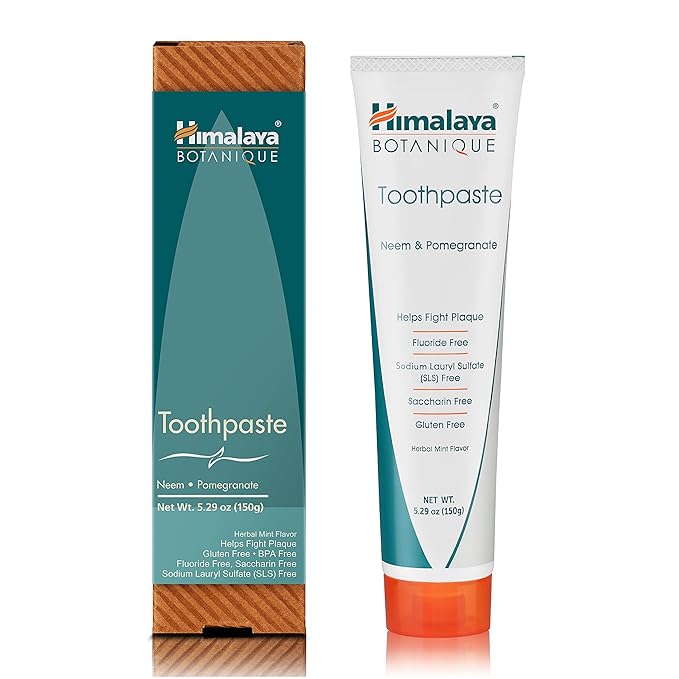 Himalaya Botanique Neem & Pomegranate Toothpaste, Mint Flavor - Fluoride Free Toothpaste Fights Plaque & for Fresh Breath - Vegan, Gluten Free, No SLS, No Artificial Flavors or Colors, 5.29 oz
