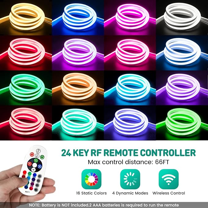 GZBtech RGB LED Neon Rope Lights 82FT/25M, AC 110-120V Waterproof Color Changing LED Rope with Remote Controller, Dimmable Multi Color Neon Rope Lighting for Indoor Outdoor Commercial Use