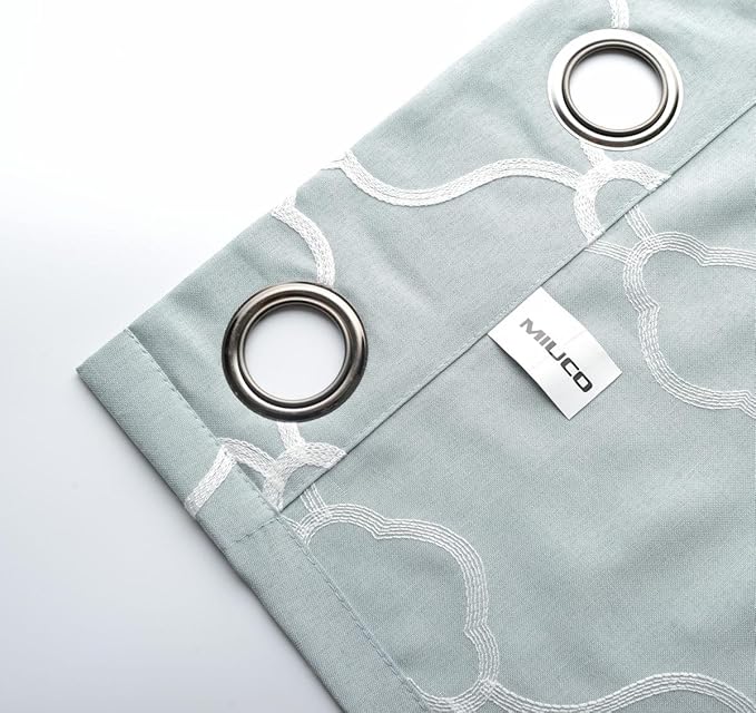 MIUCO Moroccan Embroidered Semi Sheer Curtains Linen Look Grommet Window Curtains for Bedroom 52 x 95 Inch 2 Panels, Sea Foam