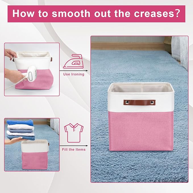 Collapsible Fabric Storage Cubes 11x11 Cube Storage Bins, 4 Pack Closet Baskets Box with Handles for Organizing, Shelf, Toys, Clothes, Home, Office, Nursery (Pink&White)