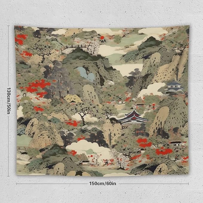 Asian Tapestry,Japanese Red Landscape Asian Watercolor Abstract Art Tapestry, Asian Japanese Wall Tapestry, Nature Landscape Tapestries for Bedroom Living Room Decor 60"x50"