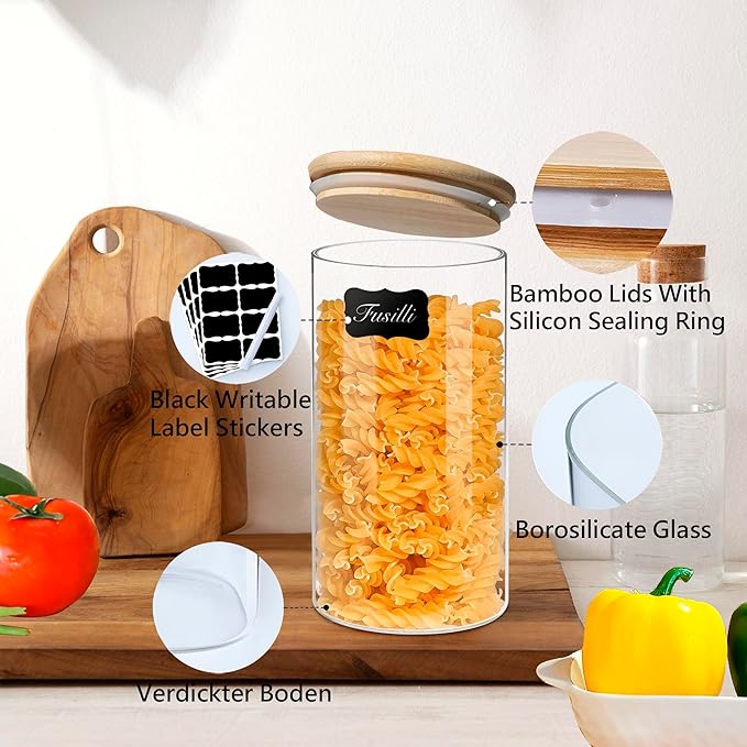 Round Glass Jars Canister with Wood Lid 40 FL OZ [Set of 3], Container Jar with Sealing, Lids for Oat Pasta Flour Cereal Rice Sugar Tea Coffee Beans, Best for Kitchen & Pantry