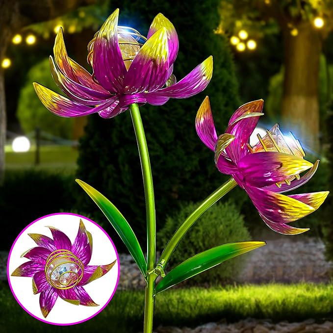 Solar Wind Spinner Outdoor, 63 Inch Metal Wind Spinner Yard Art with Lights - Twin Flower Design Pinwheels for Yard and Garden Decor, Solar Garden Decor