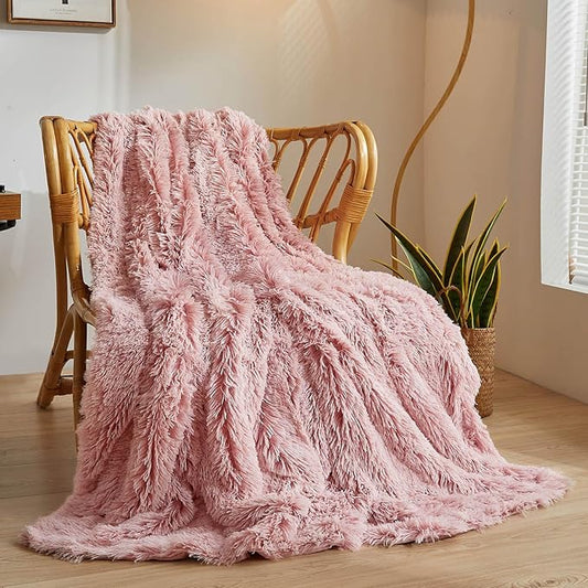 XeGe Plush Faux Fur Throw, Comfy 50x60 Fuzzy Blanket, Luxury Boho Lightweight Couch Blanket, Soft Fluffy Shaggy Lap Throw for Couch Bed Sofa Christmas Housewarming Gift Ombre Pink