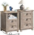18" Farmhouse Night Stands Set of 2 with Charging Station, 2 & 3 Drawers End Table Dresser for Bedroom, Oak Wooden Nightstand, Bed Side Table with Open Shelf, Bedside Cabinet for Living Room