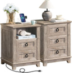 18" Farmhouse Night Stands Set of 2 with Charging Station, 2 & 3 Drawers End Table Dresser for Bedroom, Oak Wooden Nightstand, Bed Side Table with Open Shelf, Bedside Cabinet for Living Room