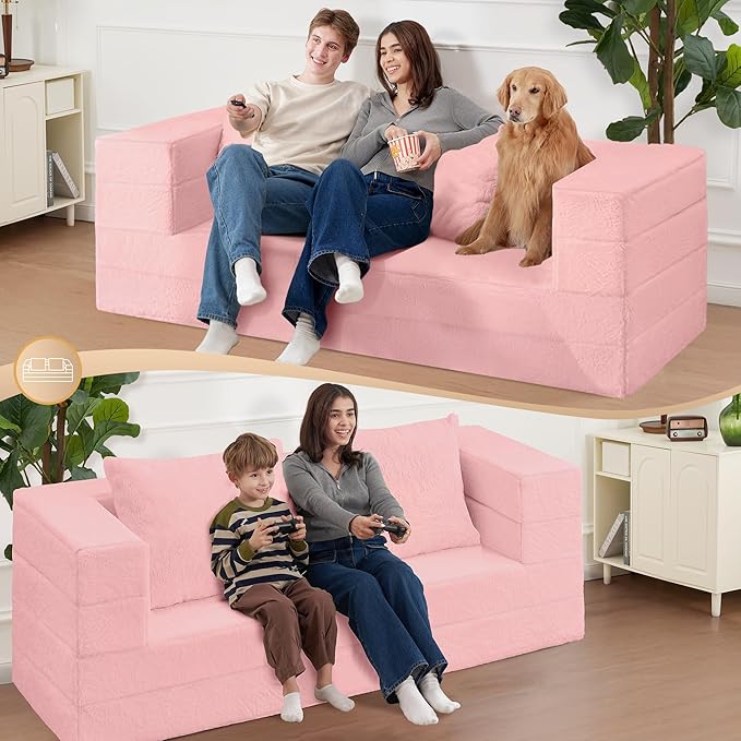 Folding Bean Bag Chair for Adults,3-in-1 Bean Bag Couch Faux Fur Floor Sofa Large Beanbag Convertible Bean Bag Sofa Bed with Pillow in Bedroom,Living Room,Apartment(Queen,Pink)
