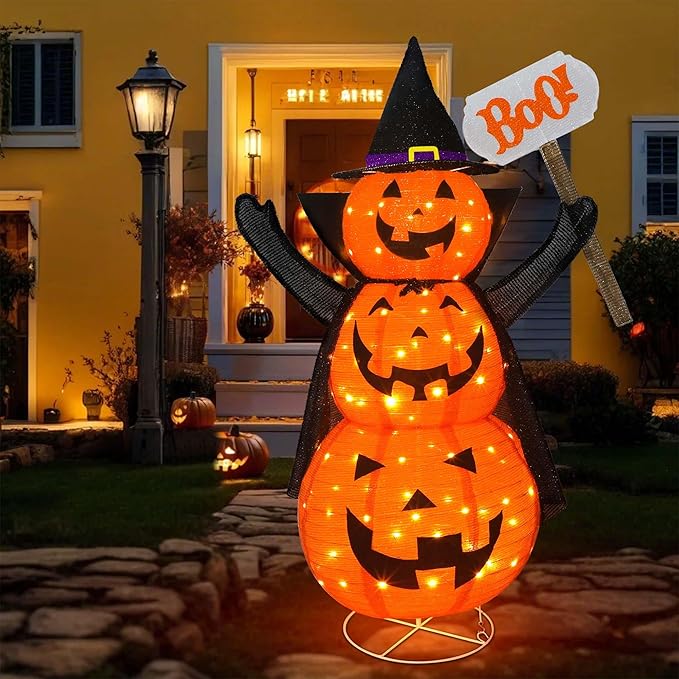 Halloween Decoration 4.3FT Retractable Jack-O-Lantern, 100 LED Collapsible Pumpkin Lantern with Black Star Hat, Plug in Halloween Lights with Stand for Indoor Outdoor Lawn Backyard Garden Decor