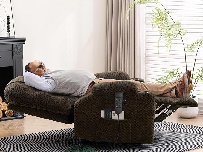 Oversized Dual Motor Lay Flat Power Lift Recliner Chair with Massage, Heating, Lumbar Pillow, USB & Type-C Ports, Textile Lift Chairs Recliners, Large Recliner for Big & Elderly People - Brown